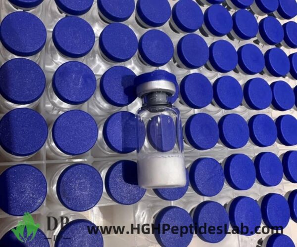 Blue top HGH vials with lyophilized powder on tray