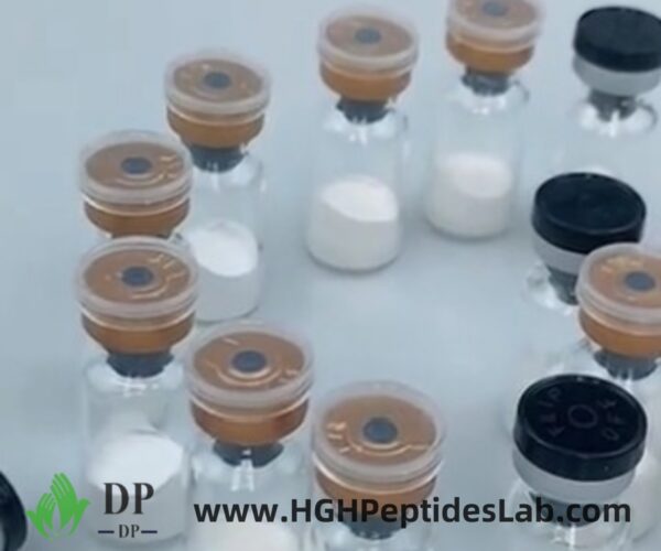 Bulk tray of HGH Frag 176-191 vials on packaging line