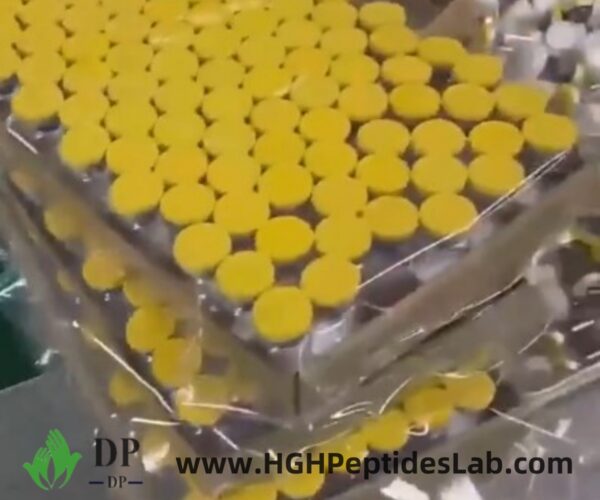 Bulk tray of Melanotan II vials on packaging line
