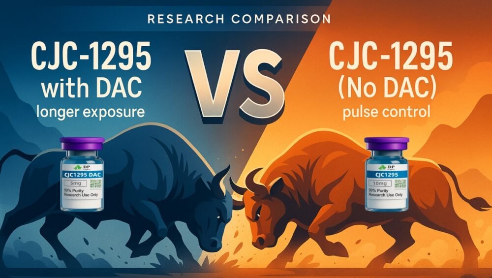 CJC-1295 with DAC vs CJC-1295 (No DAC) research comparison — longer exposure vs pulse control, two bulls and vials